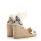 Amelia Linen Psychedelic Mini GG Monogram Ankle Wrap Platform Espadrille Wedge Sandals 39 Multicolor Mystic White