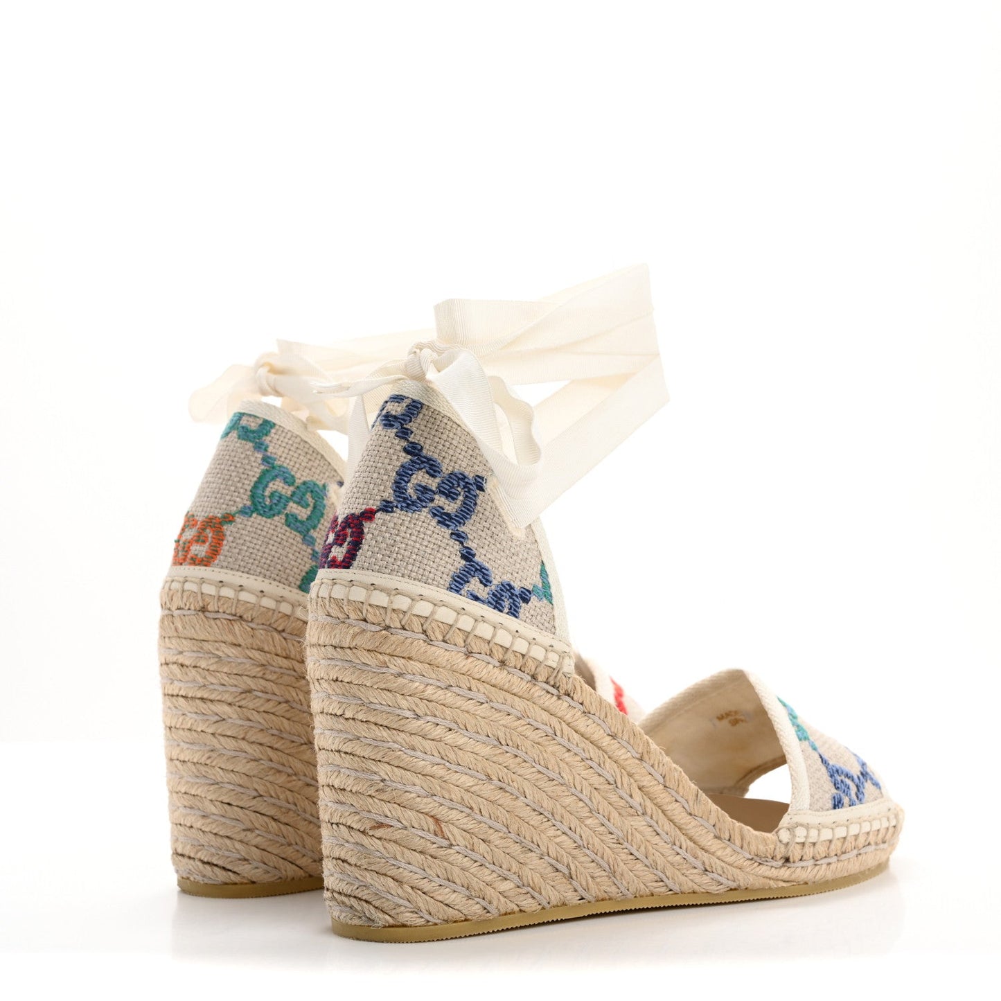 Amelia Linen Psychedelic Mini GG Monogram Ankle Wrap Platform Espadrille Wedge Sandals 39 Multicolor Mystic White