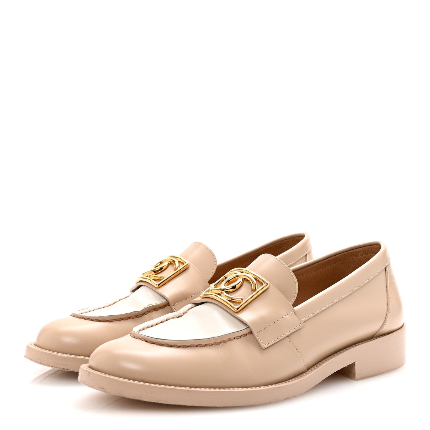 Amelia Shiny Calfskin CC Loafers 38 Beige White