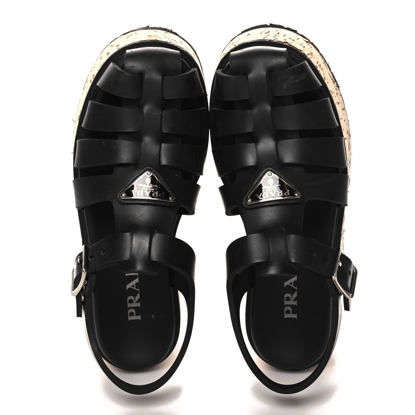 Prada Rubber Soft Cork Triangle Fisherman 75mm Platform Sandals 37 Black