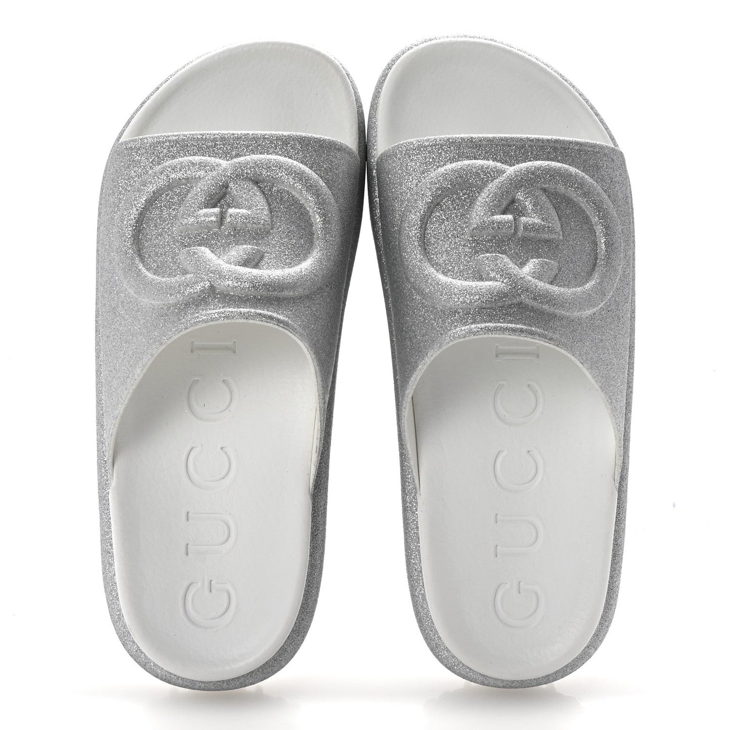 Amelia Glitter Rubber Womens InterLocking G Platform 42mm Slide Sandals 37 Silver