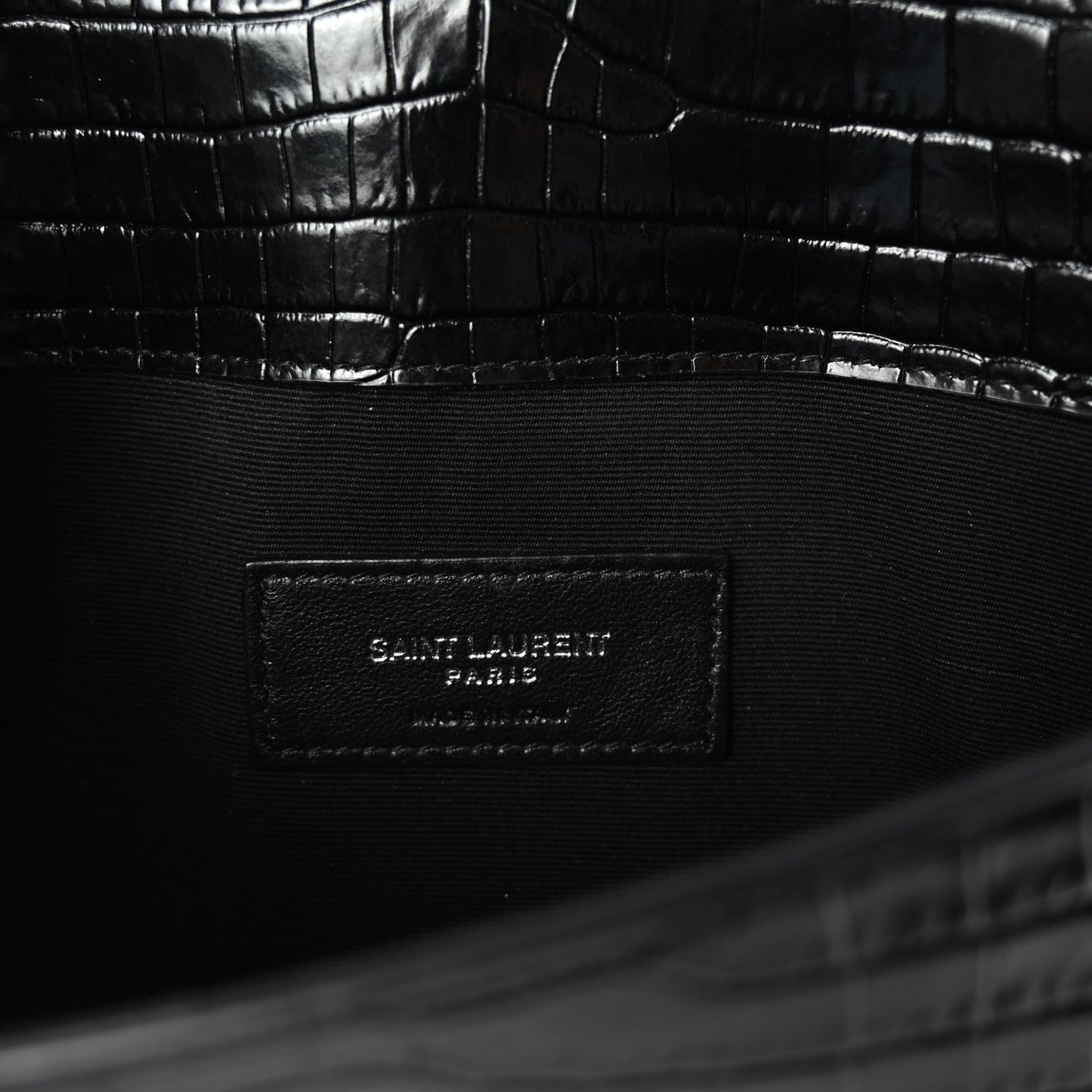 Saint Laurent Calfskin Crocodile Embossed Uptown Monogram Clutch Black