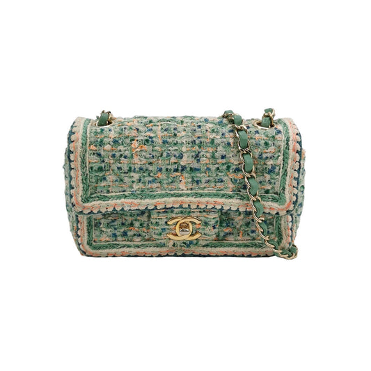 Chanel Classic Flap Mini Rectangular Tweed Green Multicolor Gold Hardware 2018-19