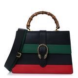 Amelia Calfskin Bamboo Web Large Dionysus Top Handle Bag Black Bright Evergreen Hibiscus Red