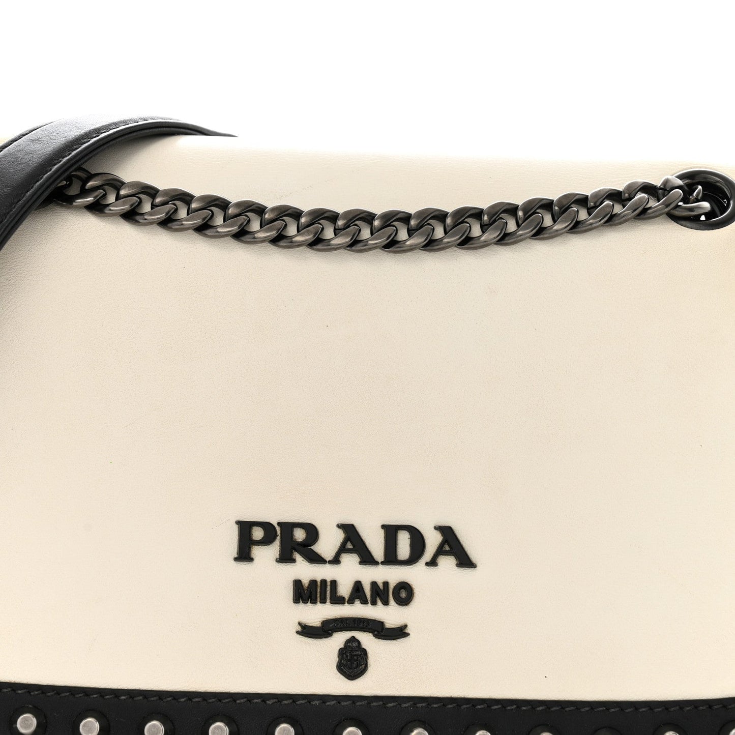 Prada Glace Calfskin Studded Crossbody White Black
