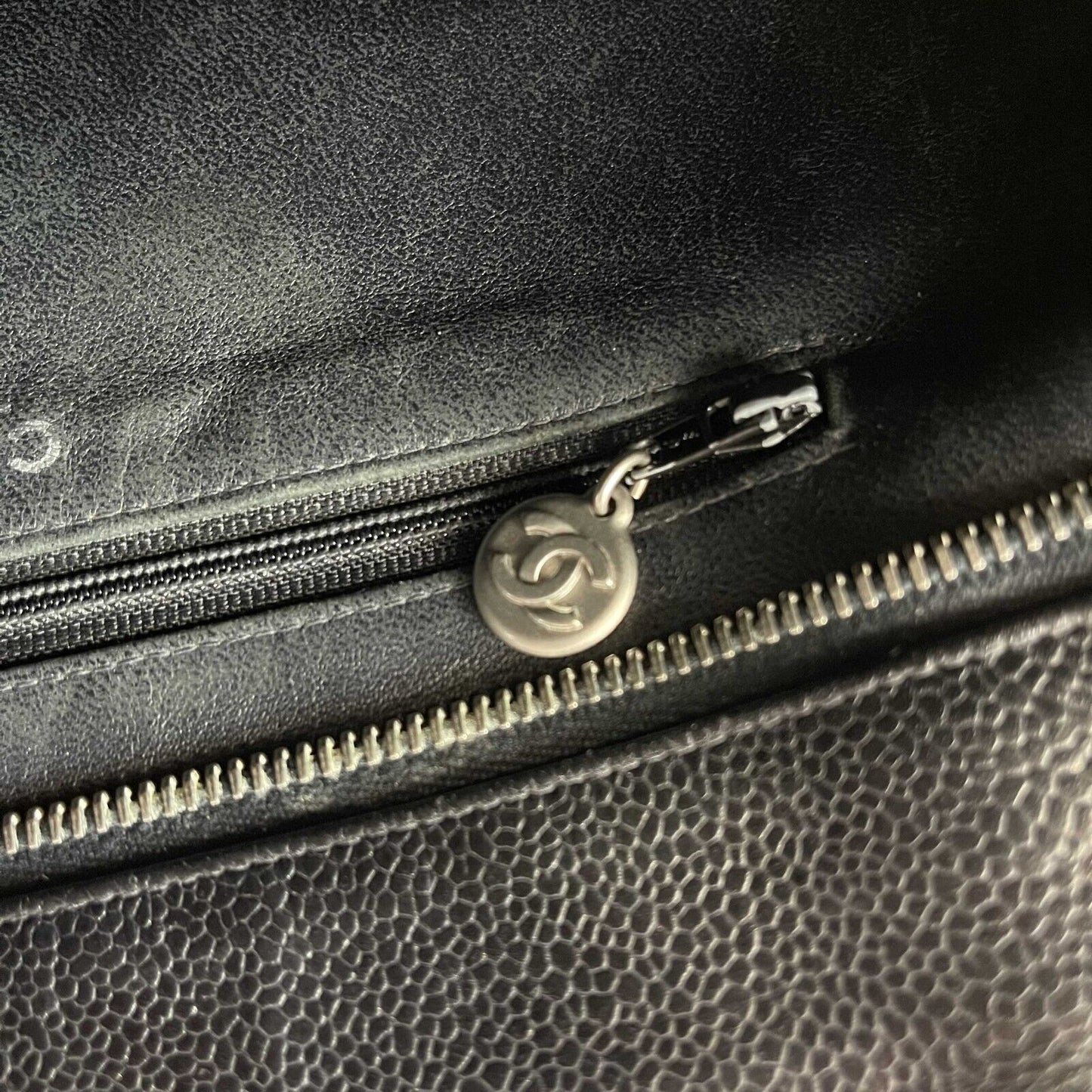 CHANEL CC Medallion Black Diamond Quilted Caviar Leather Tote / Shoulder Bag