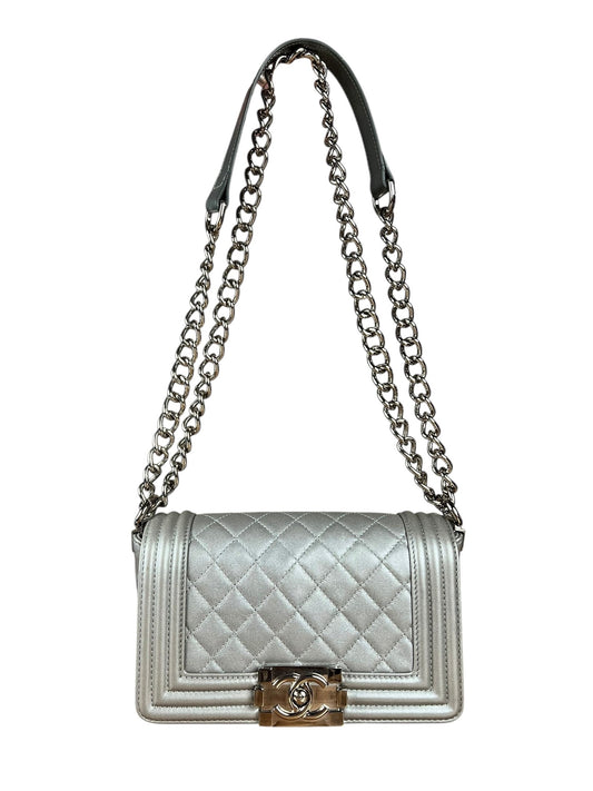 Chanel CC Silver Lambskin Quilted Boy Bag Red Stingray 2012