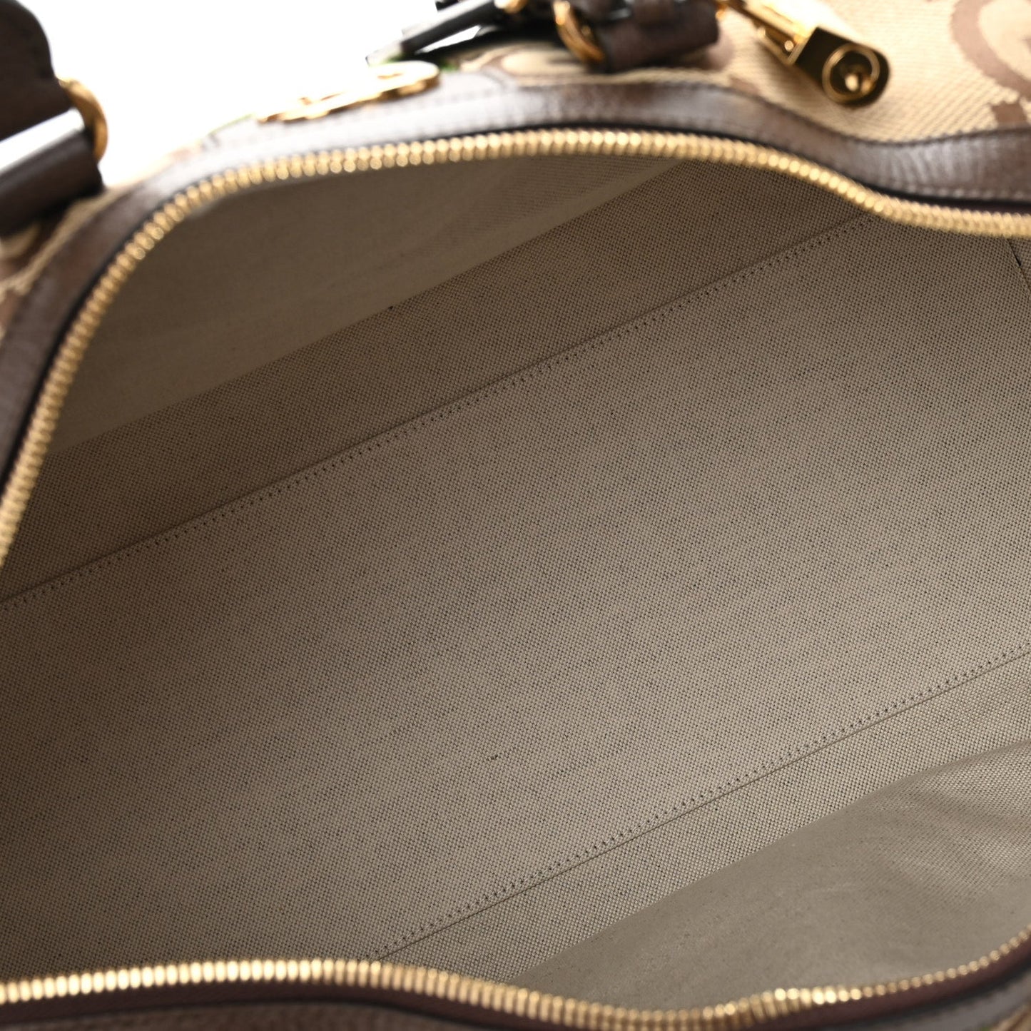 Amelia Monogram Jumbo GG Textured Dollar Calfskin Web Medium Duffle Bag Camel Ebony