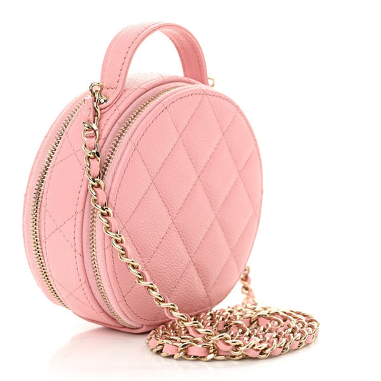 Amelia Caviar Quilted Round Handle With Care Vanity With Chain Pink