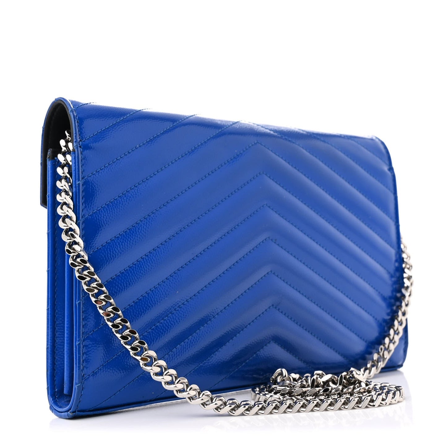 Saint Laurent Patent Grain De Poudre Matelasse Chevron Monogram Chain Wallet Blue Majorelle