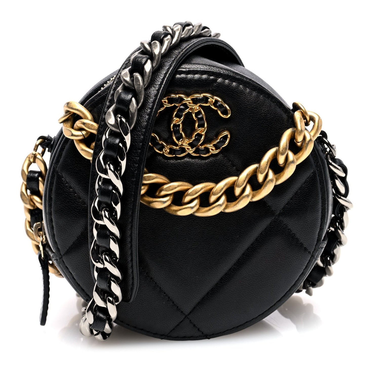 Amelia Lambskin Quilted 19 Round Clutch With Chain Black