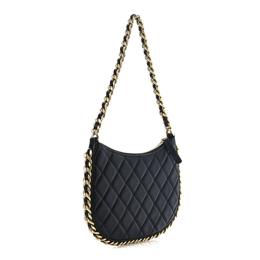 Amelia Shiny Crumpled Lambskin Quilted Trendy Chain Around Hobo Black