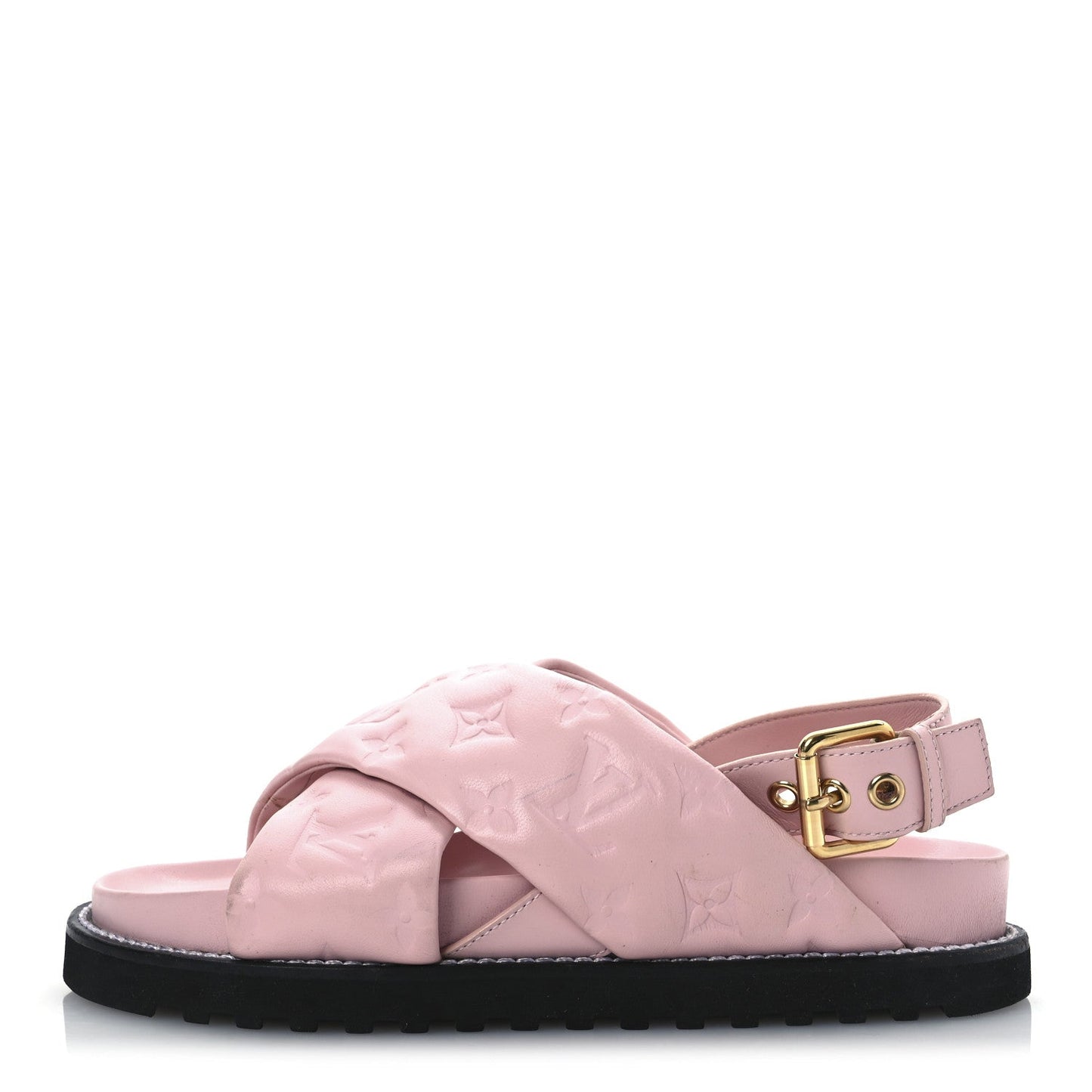 Louis Vuitton Lambskin Monogram Embossed Paseo Flat Comfort Sandals Rose Clair