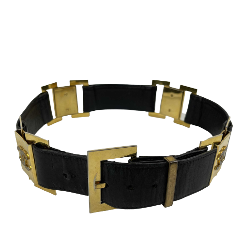 CHANEL   1980's Black Leather and Gold Buckle CC Link Belt