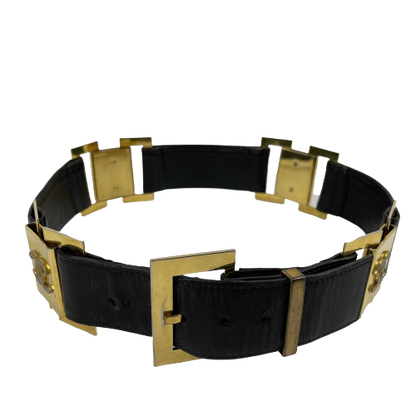 CHANEL   1980's Black Leather and Gold Buckle CC Link Belt