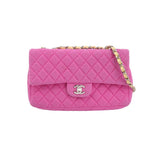 Chanel Flap Bag Medium Pink Perforated Fabric Yellow Patent Leather Stap 2009-2010