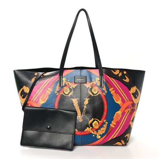 Versace Calfskin Heritage Printed Tote Black Multicolor
