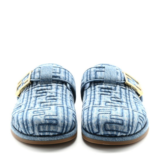 Amelia Denim Jacquard FF Womens Feel Buckled Mules 35 Blue