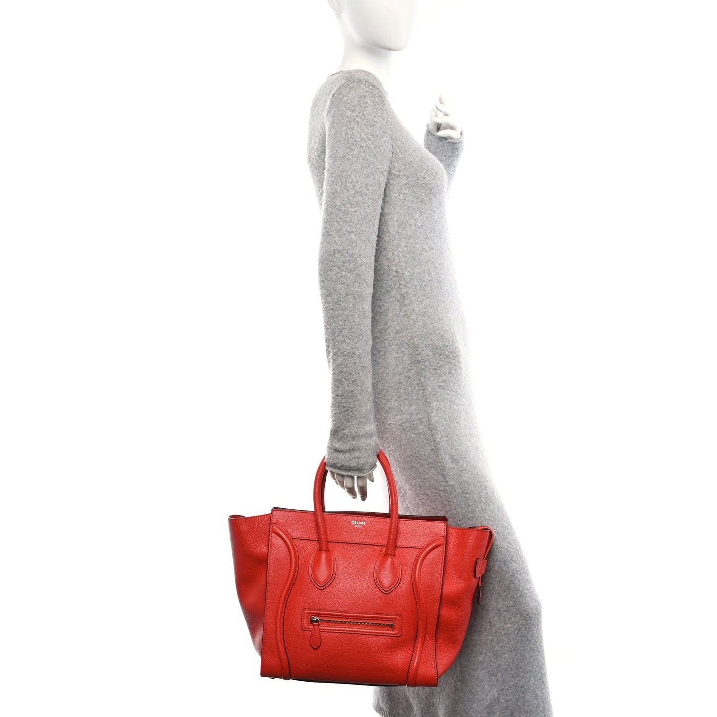 Celine Drummed Calfskin Mini Luggage Coquelicot