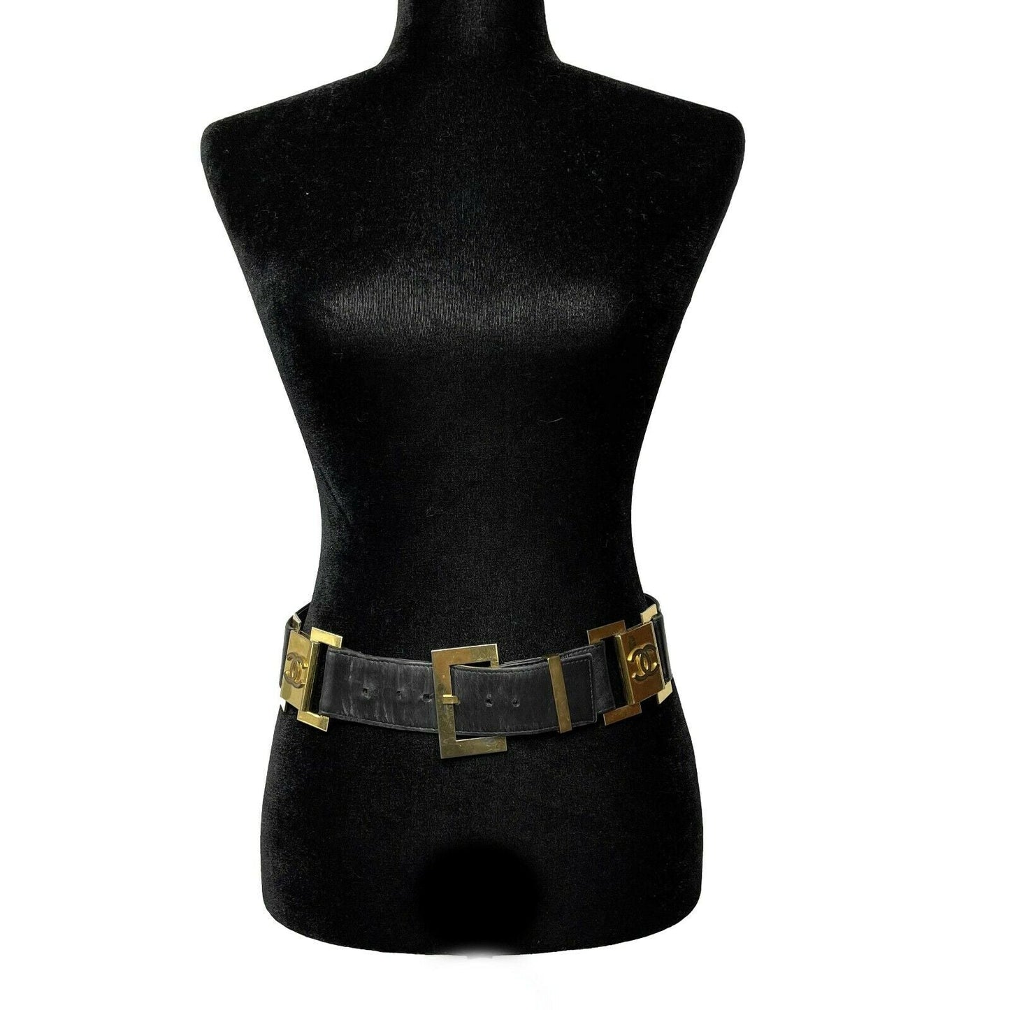 CHANEL   1980's Black Leather and Gold Buckle CC Link Belt