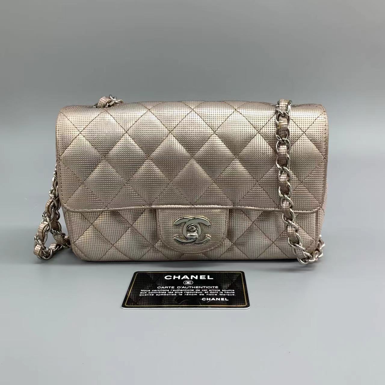 Chanel Classic Flap 2016 Pink Metallic Pixel Effect Calfskin Leather Mini Crossbody Bag