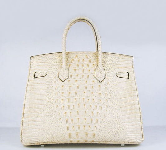 Hermes Birkin 35cm Crocodile Head Veins Handbags Beige Silver