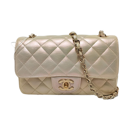 Chanel Classic Flap Rectangular Mini Pearlescent Gold Champagne Lambskin Leather Gold Hardware