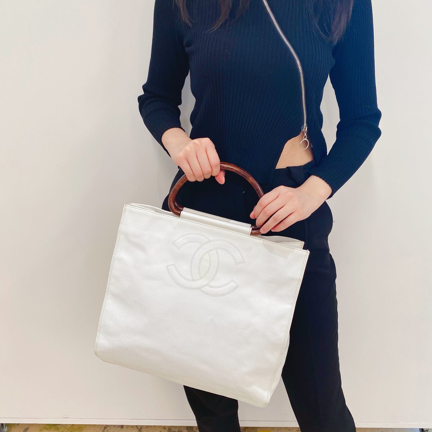 Chanel   Caviar Wood Handle Tote