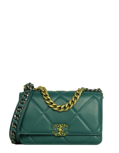 Chanel Blue-Green Lambskin Quilted 19 Wallet On Chain WOC Crossbody Bag