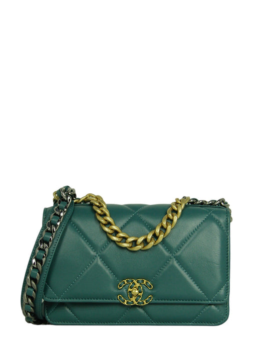 Chanel Blue-Green Lambskin Quilted 19 Wallet On Chain WOC Crossbody Bag