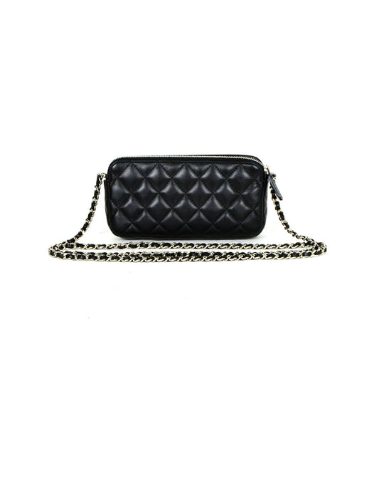 Chanel Black Lambskin Quilted Leather Classic Clutch with Chain
