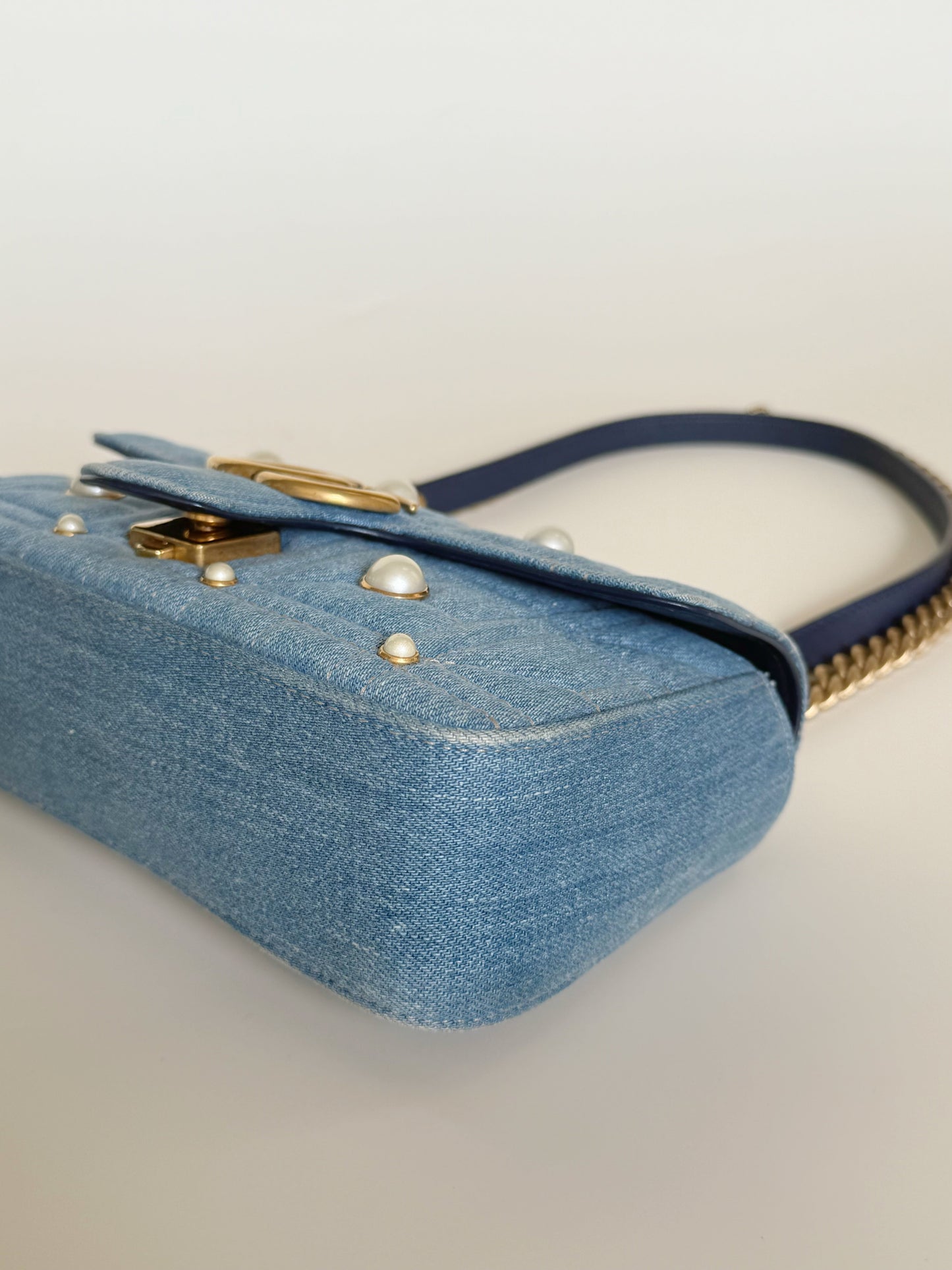 Gucci Denim Matelasse Pearl Studded GG Marmont Shoulder Bag Limited Edition
