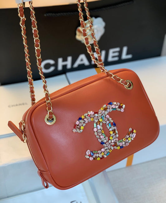 CHL -  Camera Cubic Diamonds Brown Bag For Women 12.5cm/4.9in