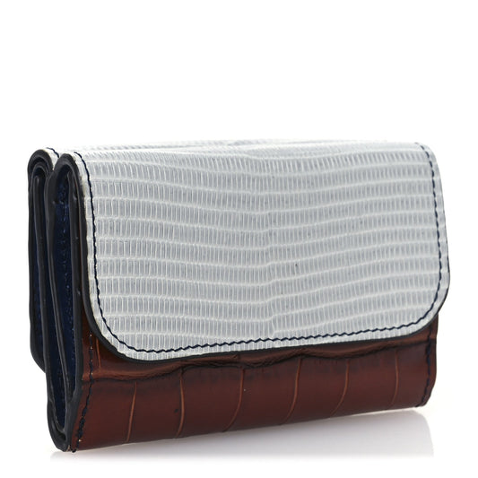 Amelia Lizard Crocodile Embossed Shiny Calfskin Small C Tri-Fold Wallet Chestnut Brown Blue Chestnut Brown Blue