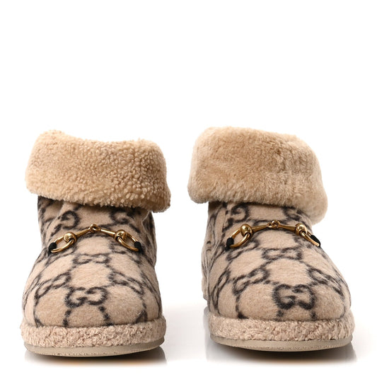 Amelia Covered Wool GG Monogram Mens Fria Horsebit Ankle Boots 9 Beige Ebony Butterscotch