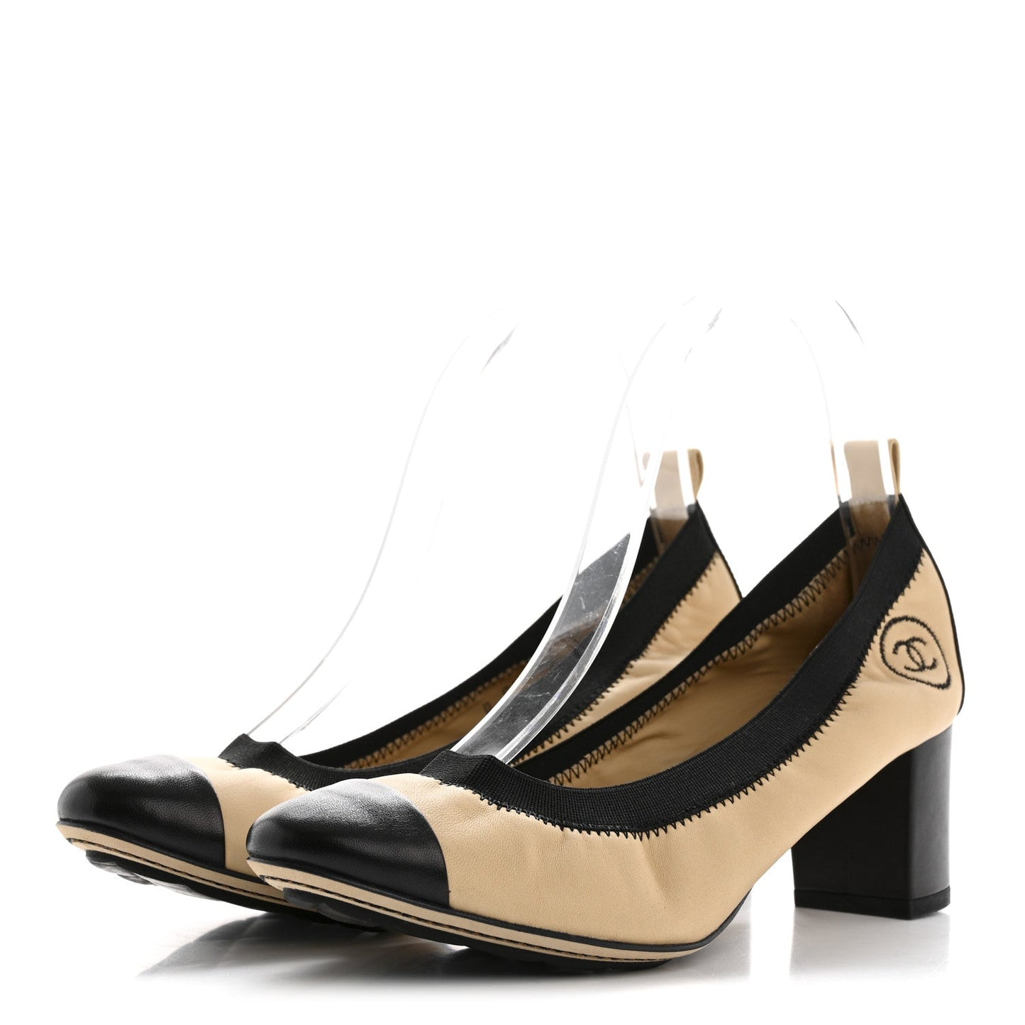 Amelia Lambskin CC Elastic Stretch Pumps 38 Beige Black