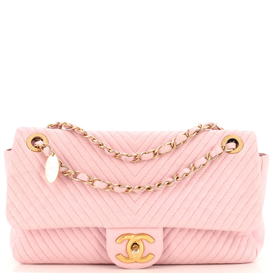 CHANEL Medallion Charm Flap Bag Chevron Wrinkled Lambskin Medium
