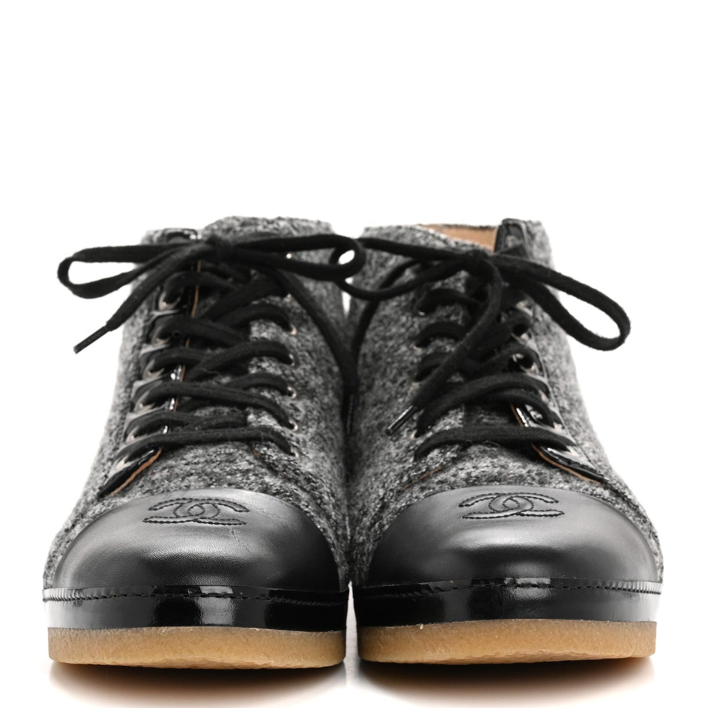Amelia Wool Calfskin CC Lace Up Short Boots 37.5 Grey Black