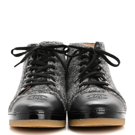 Amelia Wool Calfskin CC Lace Up Short Boots 37.5 Grey Black
