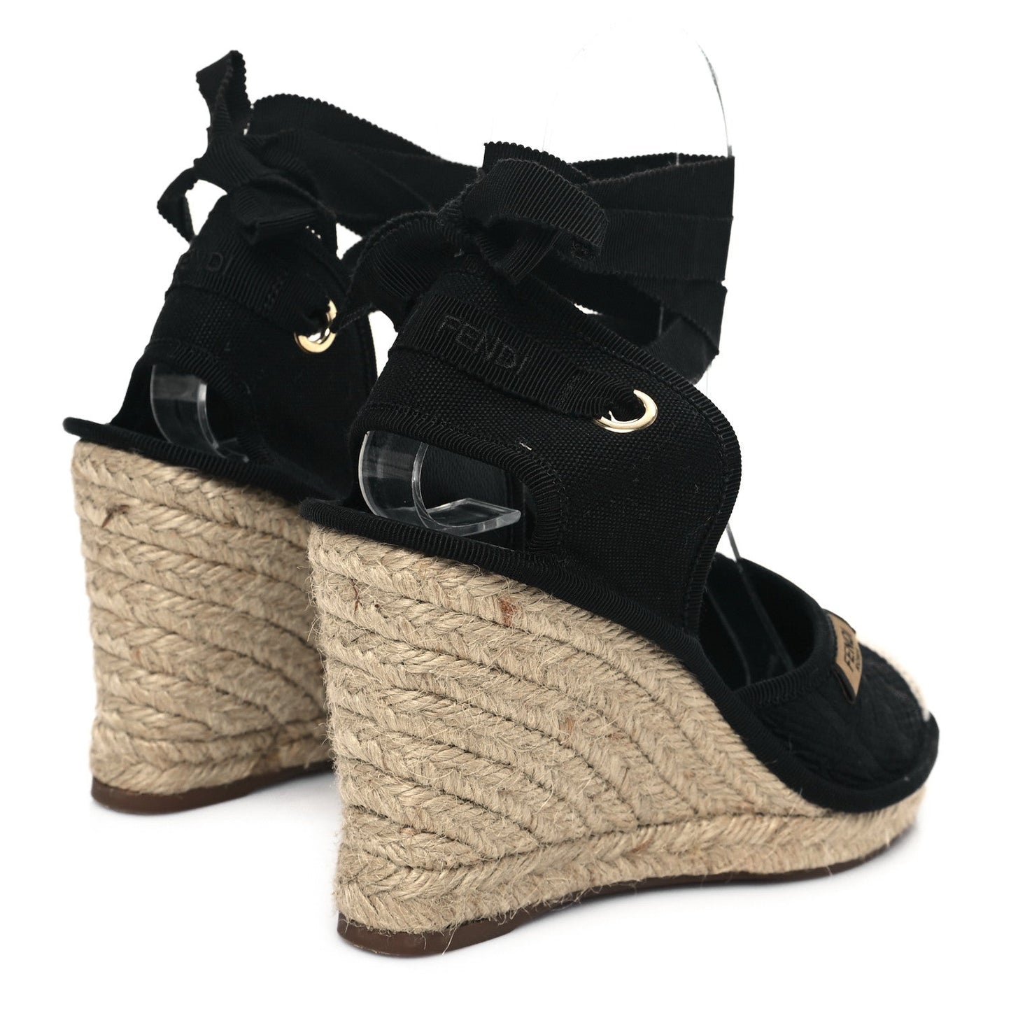 Amelia Canvas FF Embroidered Roma Ankle Wrap Wedge Espadrilles 36 Black