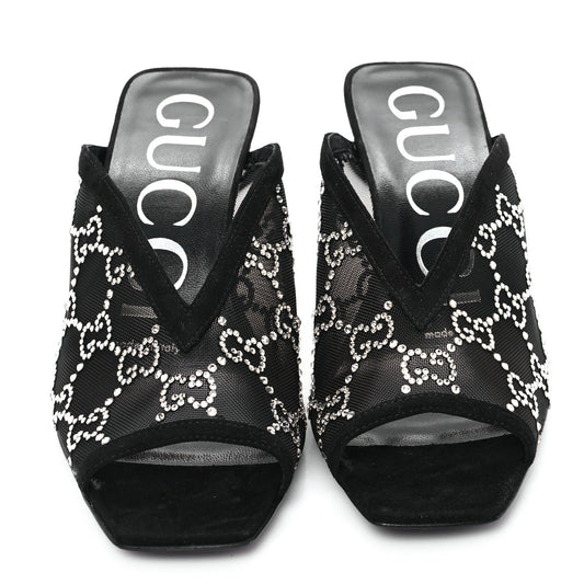 Amelia Tela Retino Kid Scamosciato Crystal GG Monogram Square G 95mm Slide Sandals 35 Black