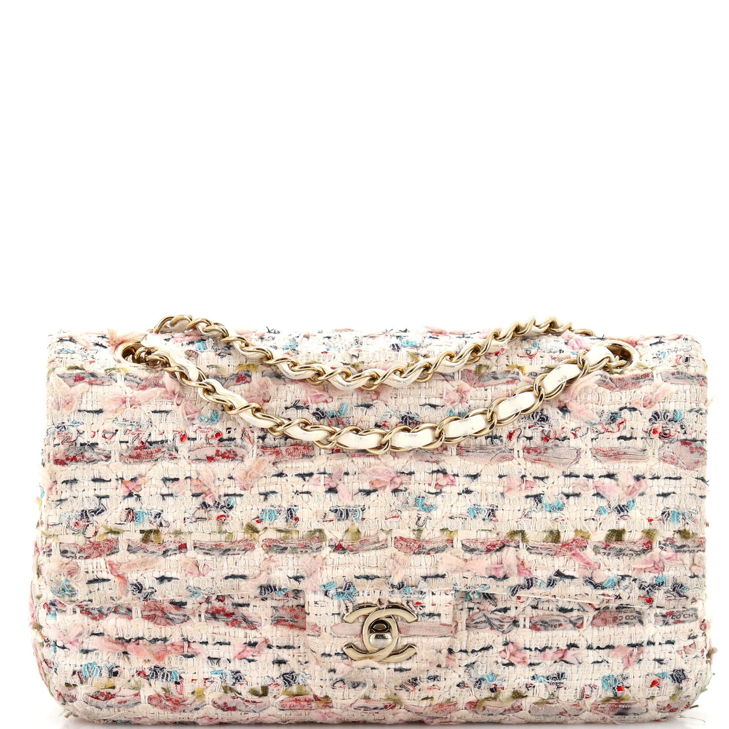 CHANEL Classic Double Flap Bag Quilted Tweed and Ribbon Medium