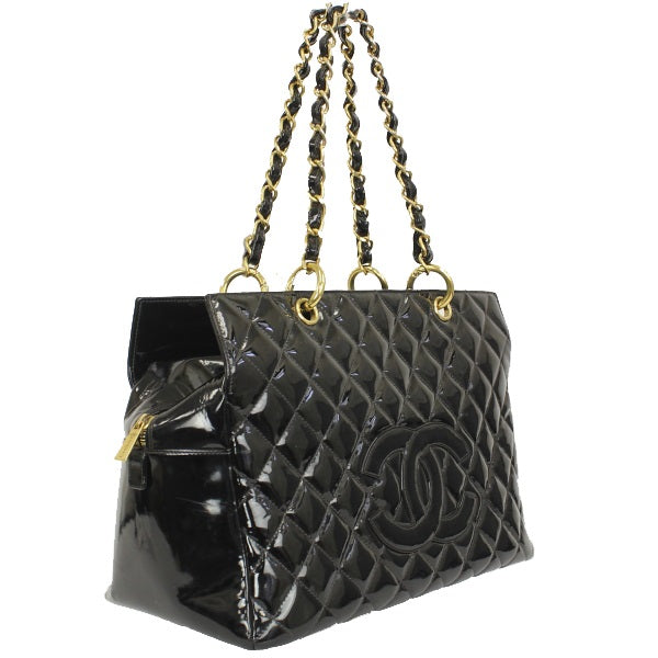 Chanel Chain Tote Bag Enamel Black Matelasse Shoulder Bag