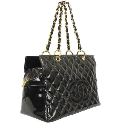 Chanel Chain Tote Bag Enamel Black Matelasse Shoulder Bag