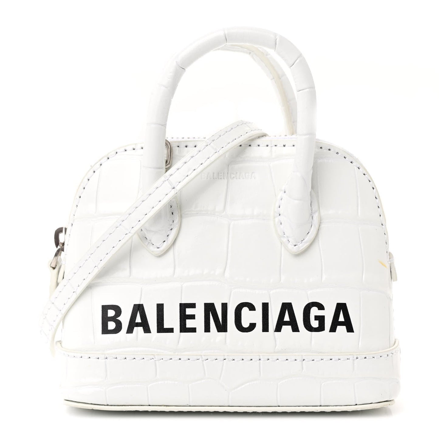 Balenciaga Calfskin Logo Crocodile Embossed Mini Ville Top Handle Bag White Black