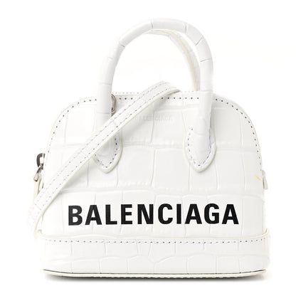 Balenciaga Calfskin Logo Crocodile Embossed Mini Ville Top Handle Bag White Black