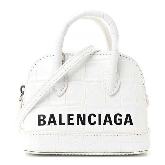 Balenciaga Calfskin Logo Crocodile Embossed Mini Ville Top Handle Bag White Black