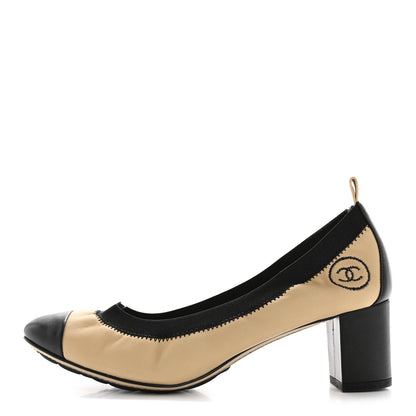 Amelia Lambskin CC Elastic Stretch Pumps 38 Beige Black