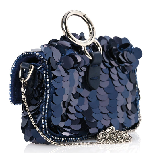 Amelia Sequin Paillettes Shiny Nappa Sex and the City Nano Maxi Buckle Baguette Charm Blue