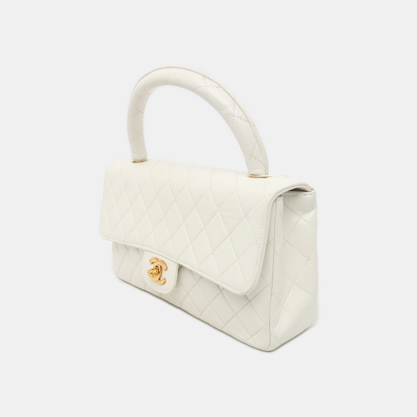 Chanel Kelly Parent Top Handle Flap Bag Medium White Lambskin Leather Gold Hardware 1991-1994